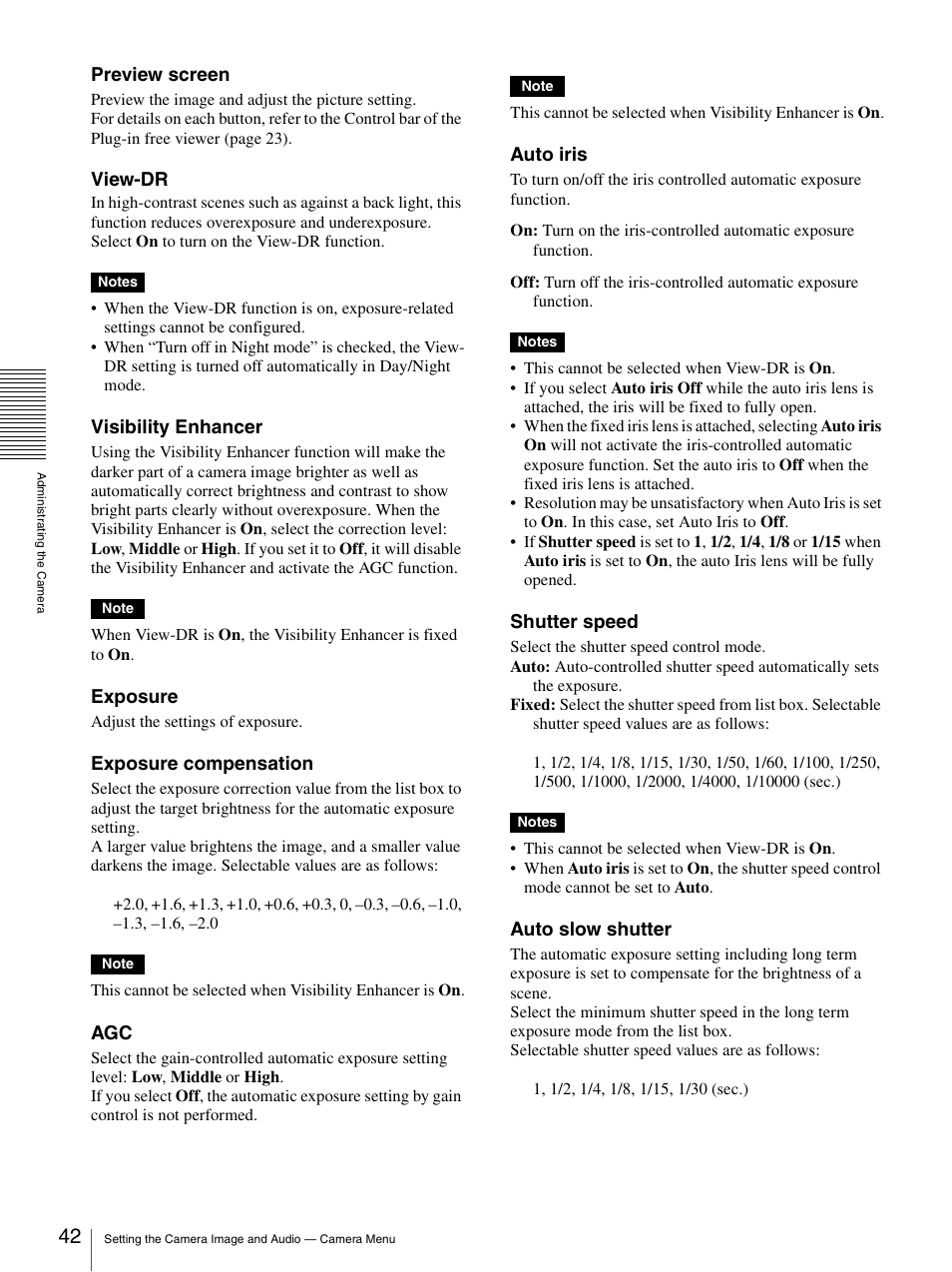 Preview screen, View-dr, Visibility enhancer | Exposure, Exposure compensation, Auto iris, Shutter speed, Auto slow shutter | Sony CH240 User Manual | Page 42 / 128