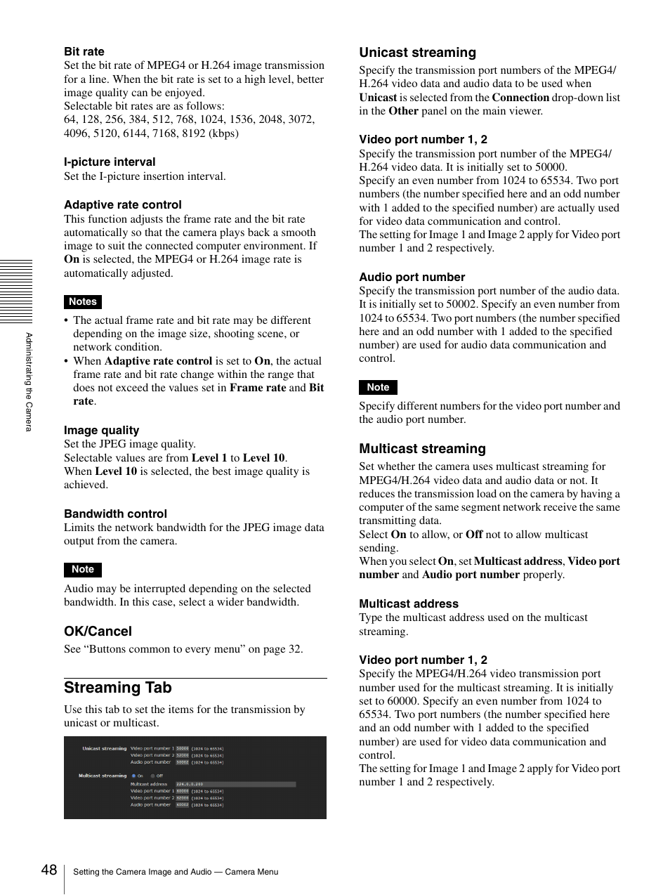 Streaming tab, Ok/cancel, Unicast streaming | Multicast streaming | Sony CH240 User Manual | Page 48 / 128