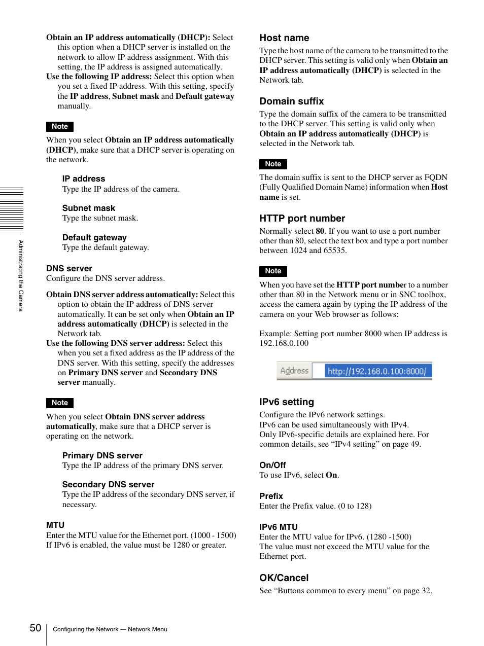 Host name, Domain suffix, Ipv6 setting | Ok/cancel | Sony CH240 User Manual | Page 50 / 128