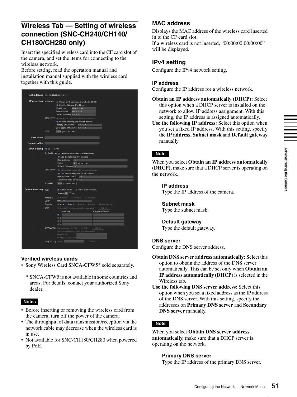 Wireless tab — setting of wireless connection, Snc-ch240/ch140/ch180/ch280 only), Mac address | Ipv4 setting | Sony CH240 User Manual | Page 51 / 128