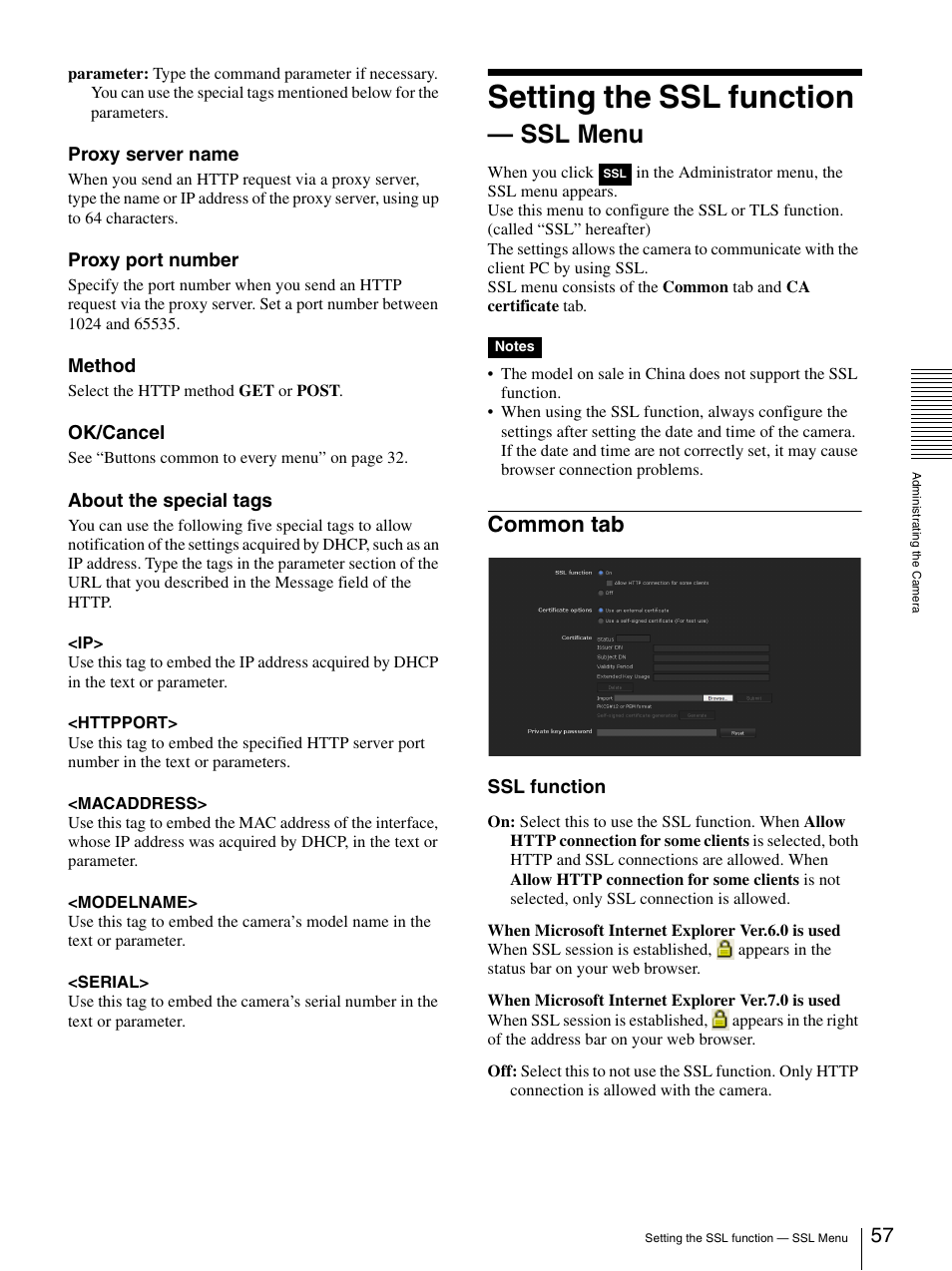 Setting the ssl function - ssl menu, Common tab, Setting the ssl function — ssl menu | Setting the ssl function, Ssl menu | Sony CH240 User Manual | Page 57 / 128