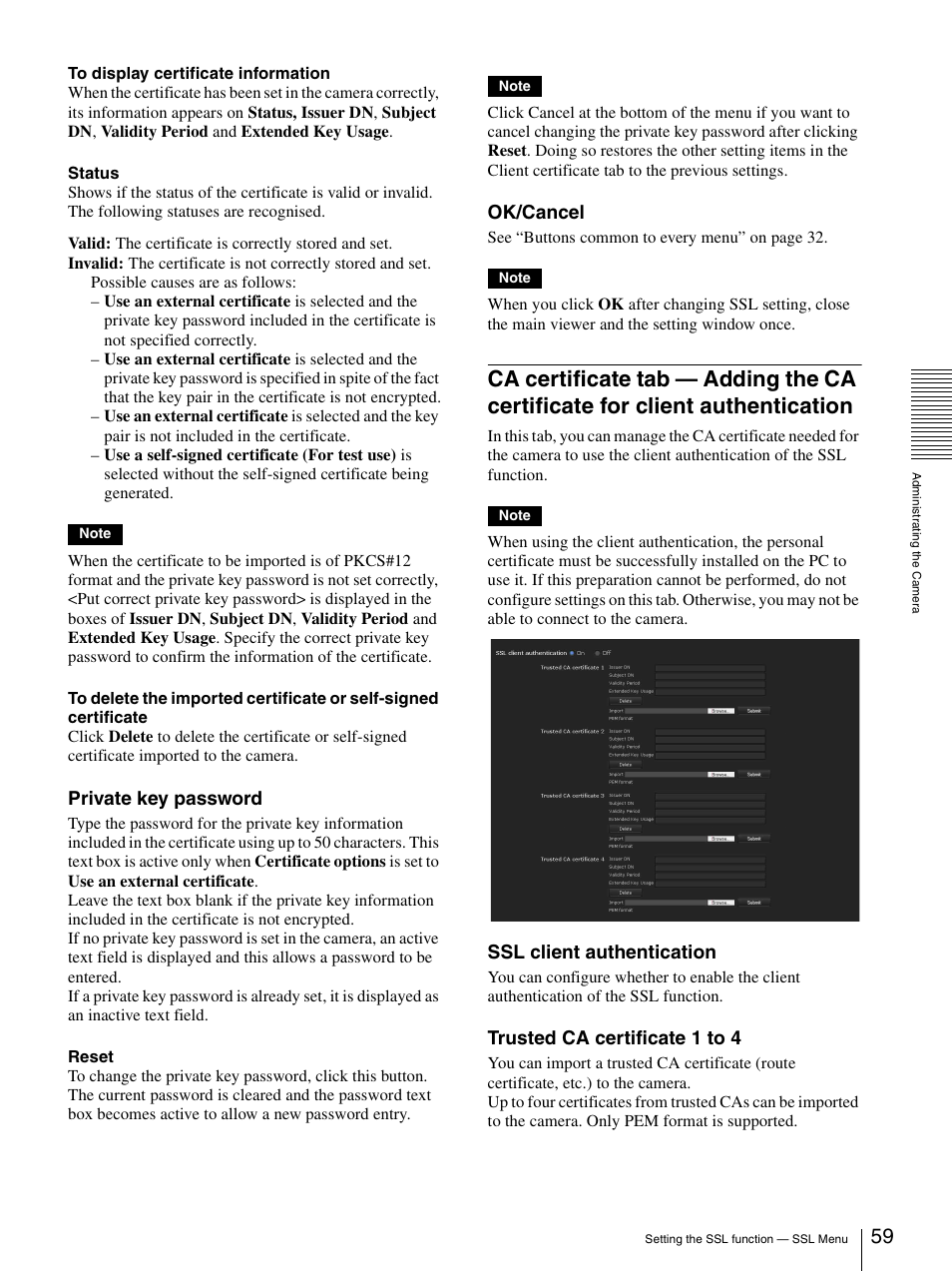 Ca certificate tab — adding the ca certificate, For client authentication, Private key password | Ok/cancel, Ssl client authentication, Trusted ca certificate 1 to 4 | Sony CH240 User Manual | Page 59 / 128