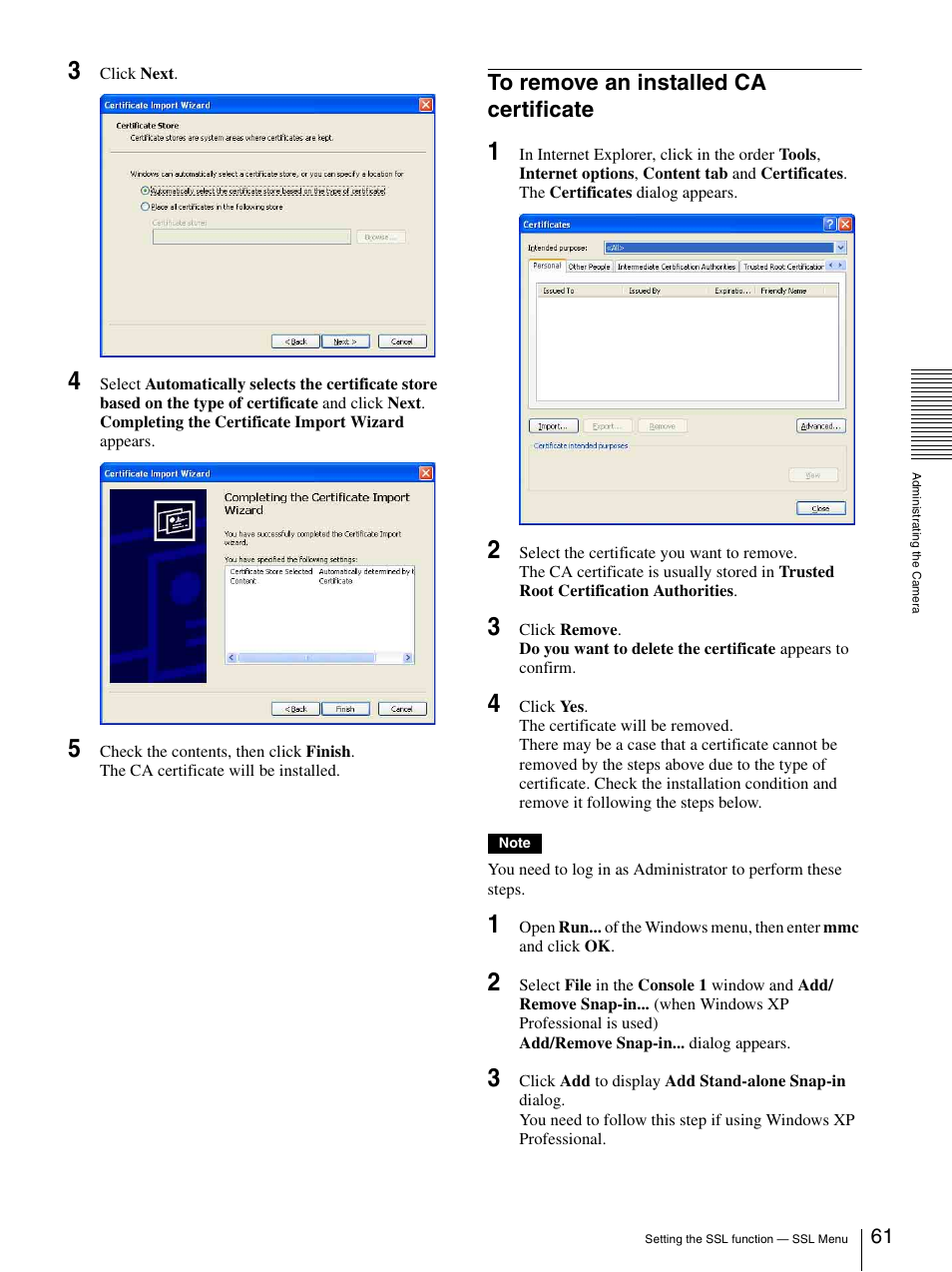 To remove an installed ca certificate | Sony CH240 User Manual | Page 61 / 128