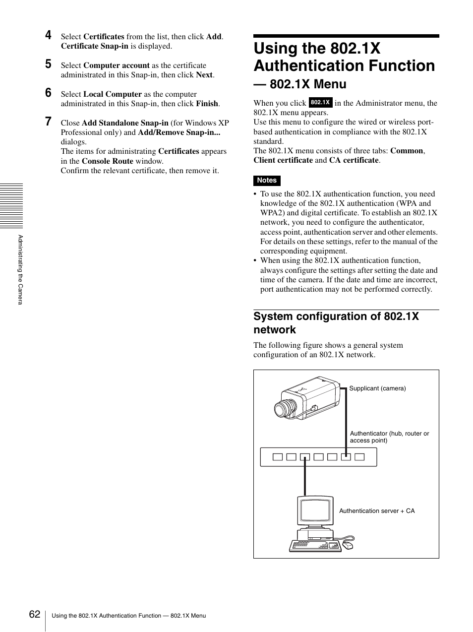 System configuration of 802.1x network, Using the 802.1x authentication function, 1x menu | Sony CH240 User Manual | Page 62 / 128