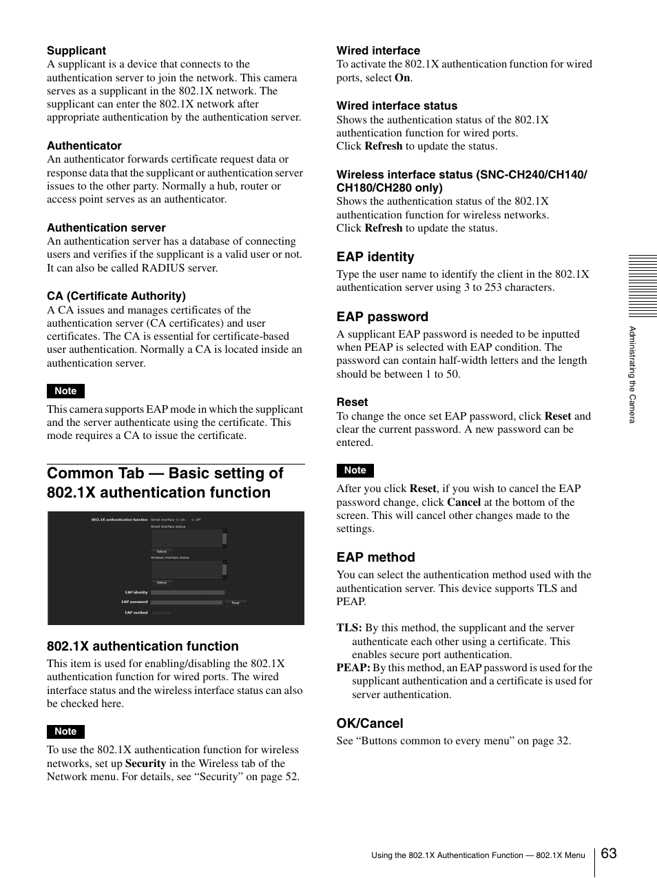 Common tab — basic setting of 802.1x, Authentication function, 1x authentication function | Eap identity, Eap password, Eap method, Ok/cancel | Sony CH240 User Manual | Page 63 / 128