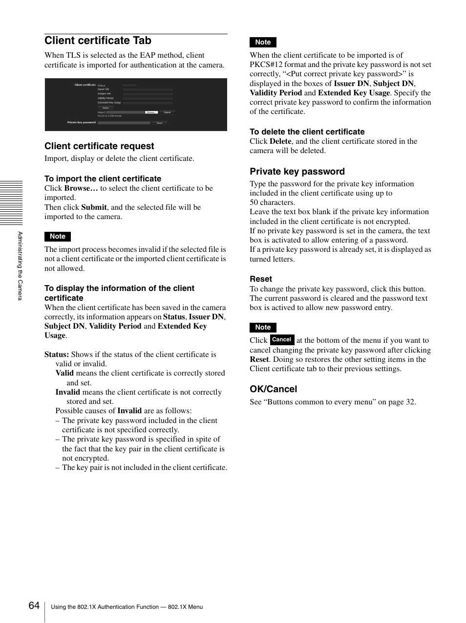 Client certificate tab, Client certificate request, Private key password | Ok/cancel | Sony CH240 User Manual | Page 64 / 128