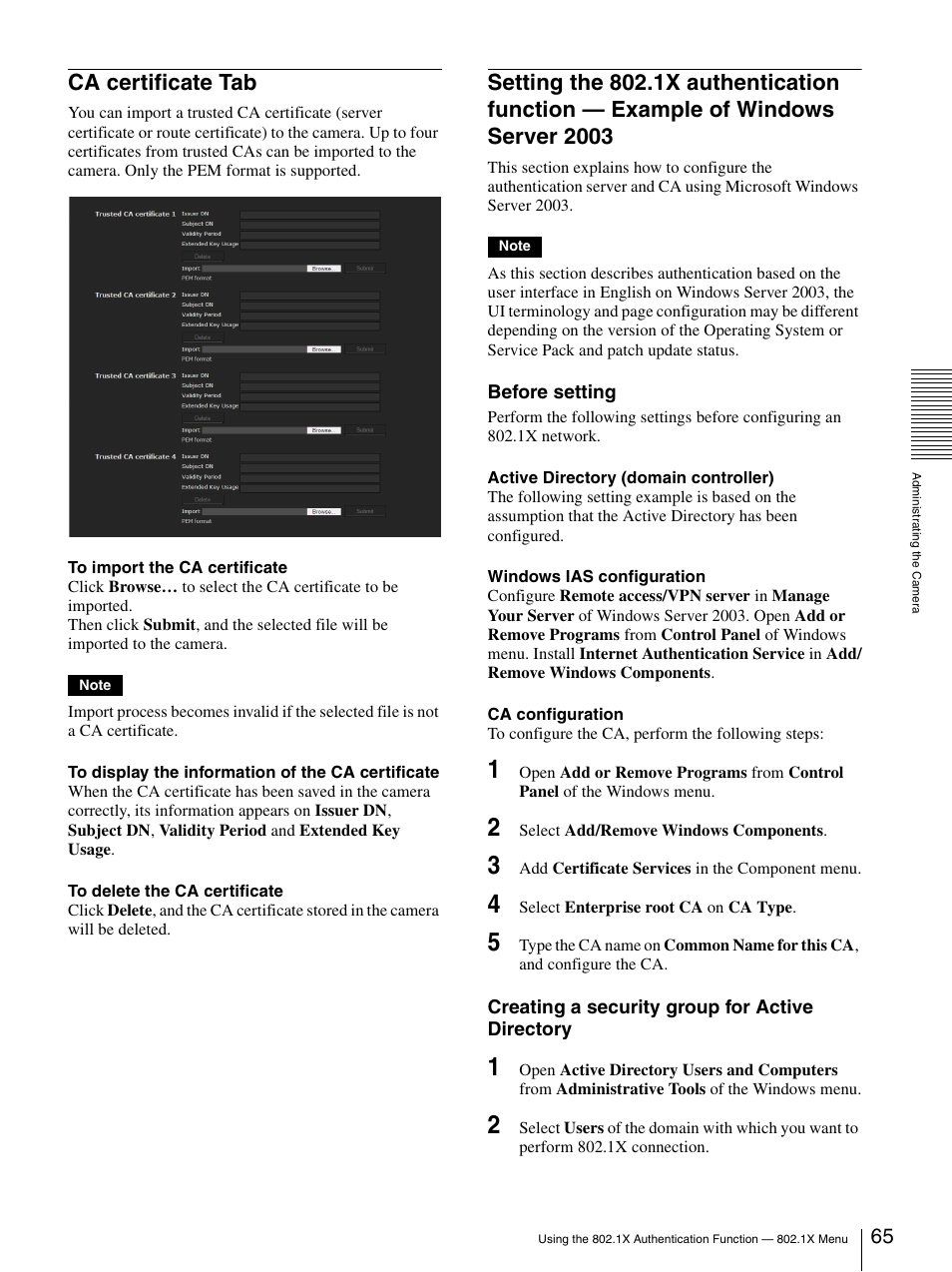 Ca certificate tab, Example of windows server 2003 | Sony CH240 User Manual | Page 65 / 128