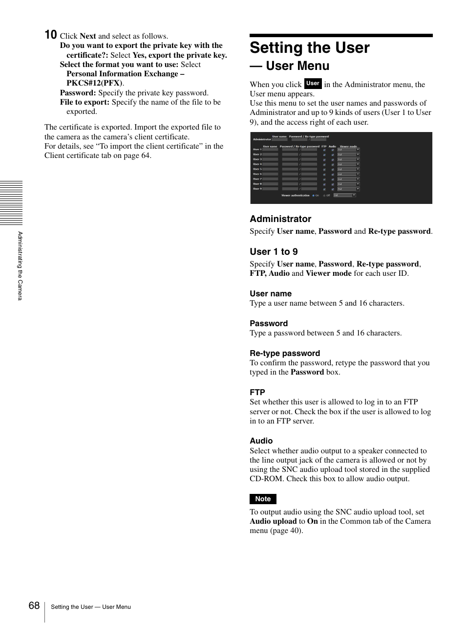 Setting the user - user menu, Setting the user — user menu, Setting the user | User menu | Sony CH240 User Manual | Page 68 / 128