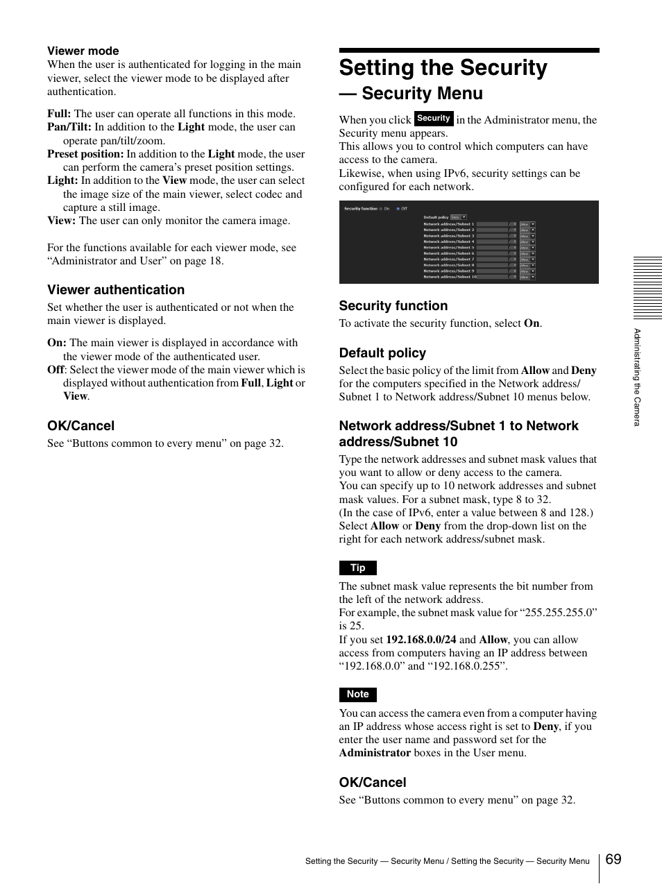 Setting the security - security menu, Setting the security — security menu, Setting the security | Security menu | Sony CH240 User Manual | Page 69 / 128