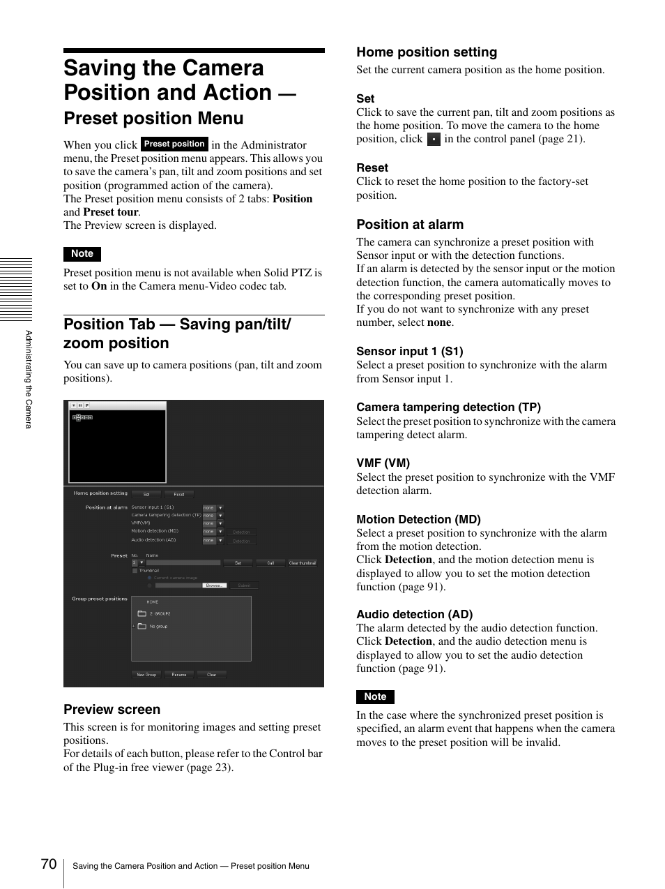 Position tab - saving pan/tilt/zoom position, Position tab — saving pan/tilt/zoom, Position | Saving the, Saving the camera position and action, Preset position menu, Position tab — saving pan/tilt/ zoom position | Sony CH240 User Manual | Page 70 / 128