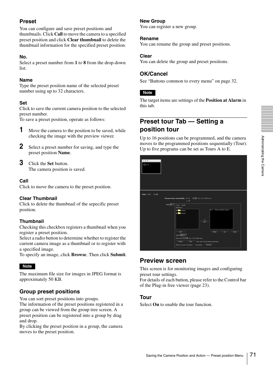 Preset tour tab - setting a position tour, Preset tour tab — setting a position tour, Preview screen | Sony CH240 User Manual | Page 71 / 128
