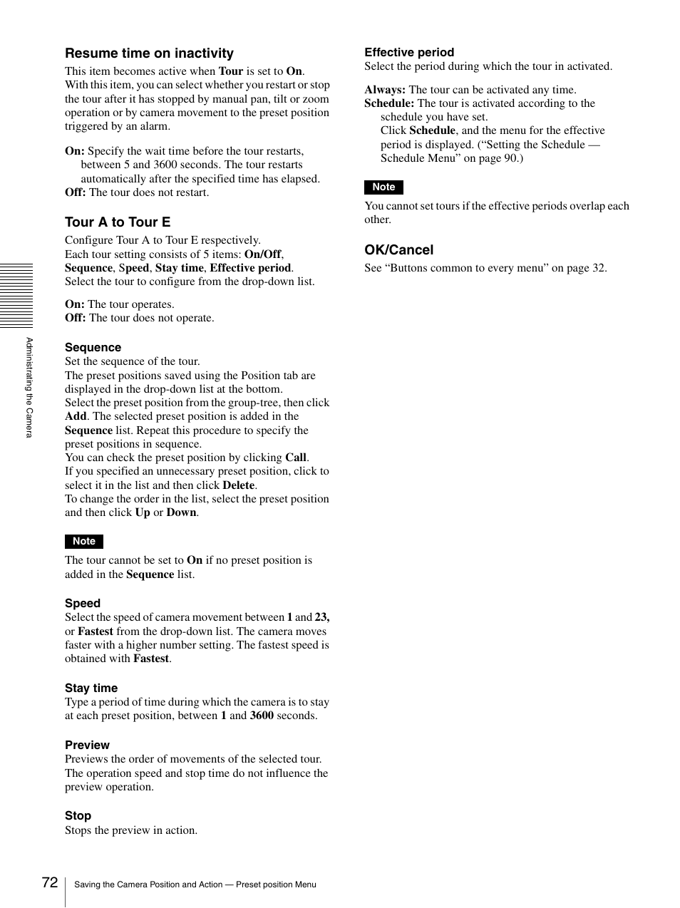 Resume time on inactivity, Tour a to tour e, Ok/cancel | Sony CH240 User Manual | Page 72 / 128
