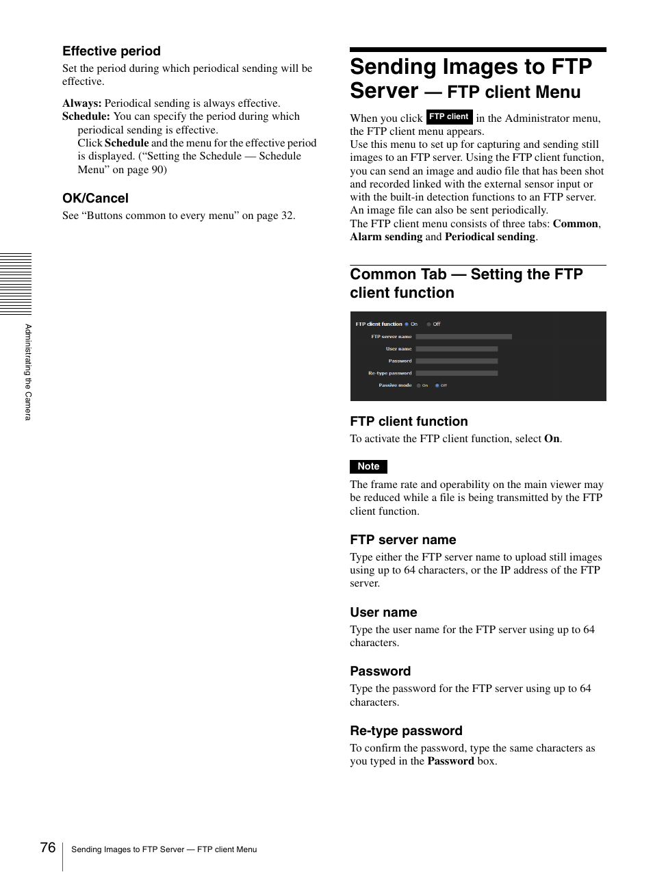 Sending images to ftp server - ftp client menu, Common tab - setting the ftp client function, Sending images to ftp server — ftp client menu | Common tab — setting the ftp client, Function, Sending images to ftp server, Ftp client menu, Common tab — setting the ftp client function | Sony CH240 User Manual | Page 76 / 128