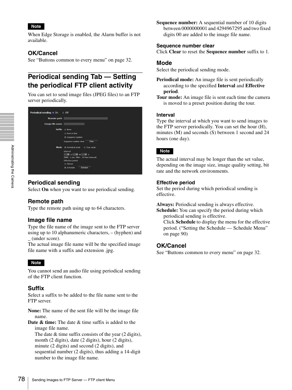 Periodical sending tab — setting the periodical, Ftp client activity, Ok/cancel | Periodical sending, Remote path, Image file name, Suffix, Mode | Sony CH240 User Manual | Page 78 / 128