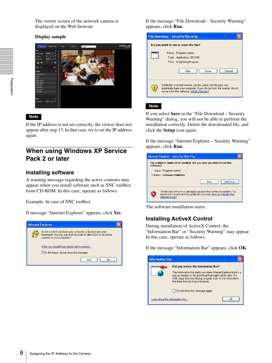 When using windows xp service pack 2 or later, When using windows xp service pack 2 or, Later | Installing software” i, Installing software, Installing activex control | Sony CH240 User Manual | Page 8 / 128