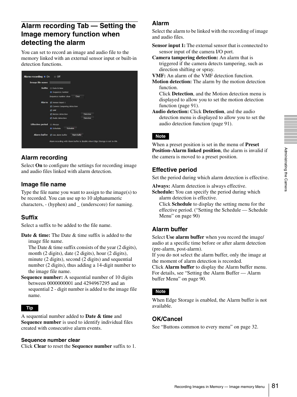 Alarm recording tab — setting the image, Memory function when detecting the alarm, Alarm recording | Image file name, Suffix, Alarm, Effective period, Alarm buffer, Ok/cancel | Sony CH240 User Manual | Page 81 / 128