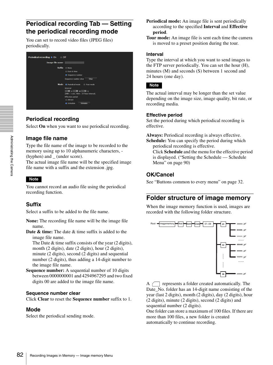 Folder structure of image memory, Periodical recording tab — setting the periodical, Recording mode | Periodical recording, Image file name, Suffix, Mode, Ok/cancel | Sony CH240 User Manual | Page 82 / 128