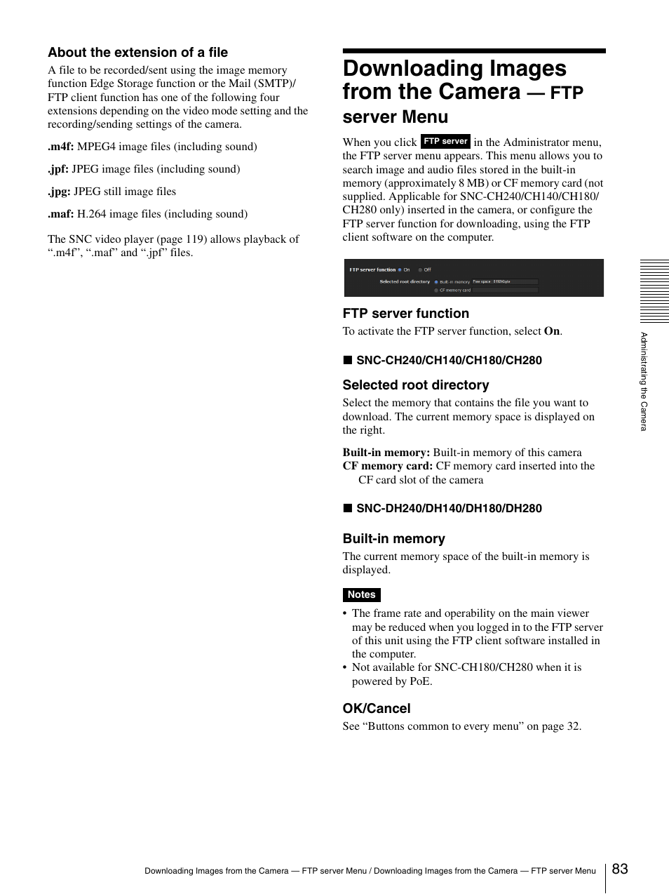 Downloading images from the camera, Ftp server menu | Sony CH240 User Manual | Page 83 / 128