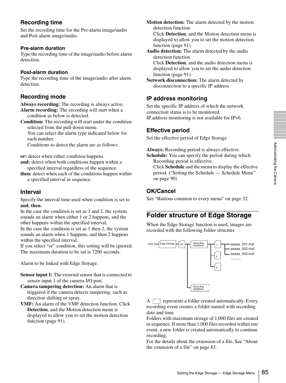 Folder structure of edge storage, Recording time, Recording mode | Interval, Ip address monitoring, Effective period, Ok/cancel | Sony CH240 User Manual | Page 85 / 128