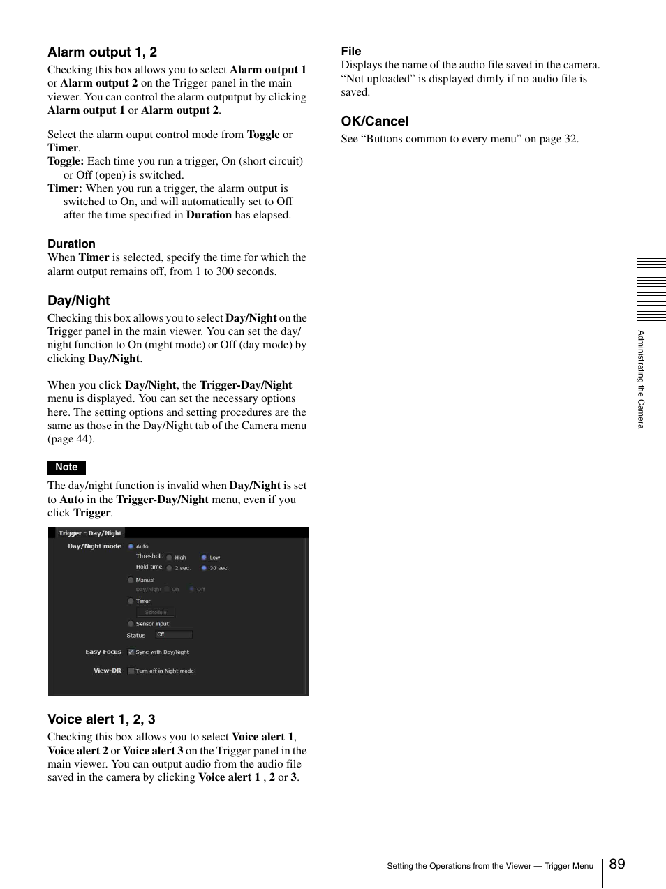 Alarm output 1, 2, Day/night, Voice alert 1, 2, 3 | Ok/cancel | Sony CH240 User Manual | Page 89 / 128