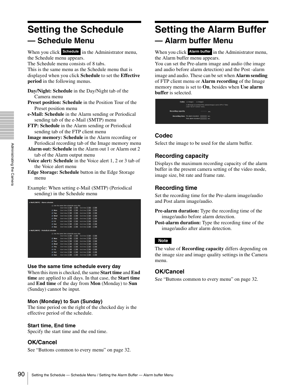 Setting the schedule - schedule menu, Setting the alarm buffer - alarm buffer menu, Setting the schedule — schedule menu | Setting the alarm buffer — alarm buffer menu, Setting the schedule, Setting the alarm buffer, Schedule menu, Alarm buffer menu | Sony CH240 User Manual | Page 90 / 128