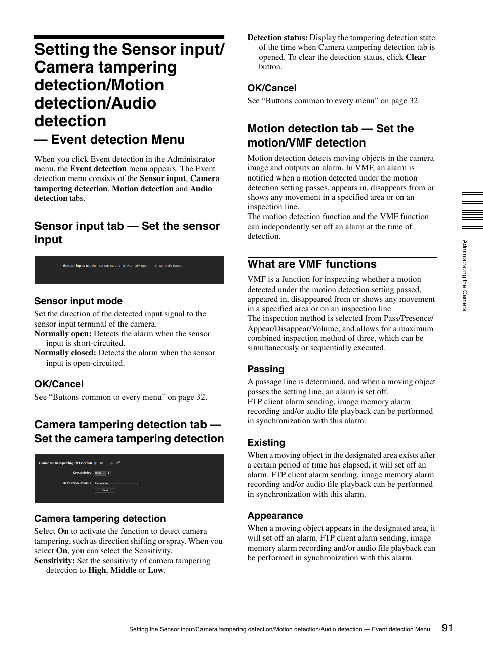 Sensor input tab - set the sensor input, What are vmf functions, Tampering detection | Motion detection tab — set the motion, Vmf detection, Event detection menu, Sensor input tab — set the sensor input | Sony CH240 User Manual | Page 91 / 128