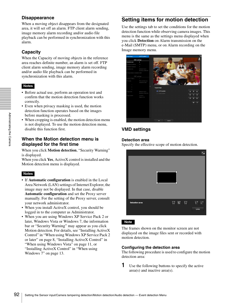 Setting items for motion detection, Disappearance, Capacity | Vmd settings | Sony CH240 User Manual | Page 92 / 128