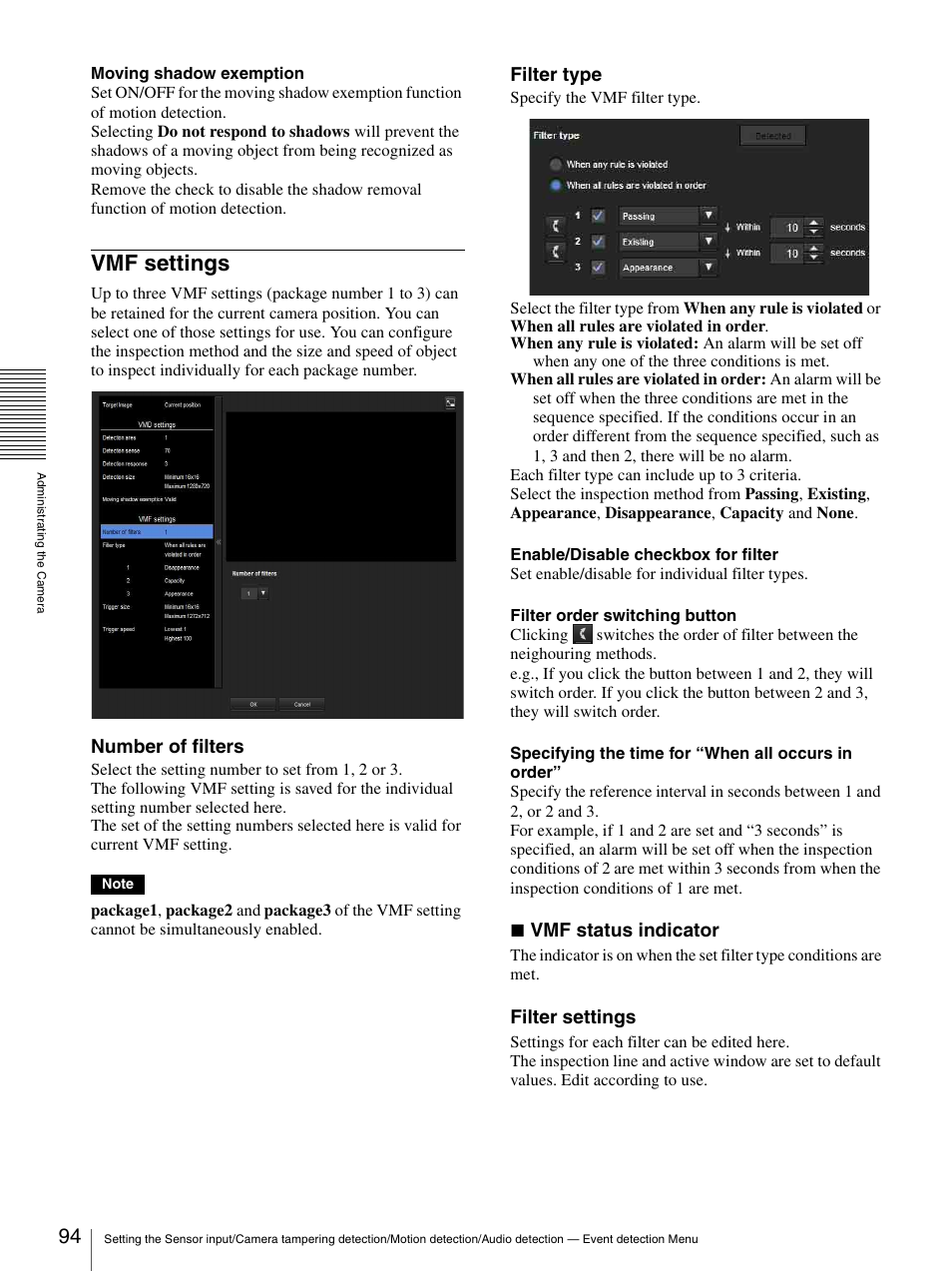 Vmf settings, Number of filters, Filter type | Vmf status indicator, Filter settings | Sony CH240 User Manual | Page 94 / 128