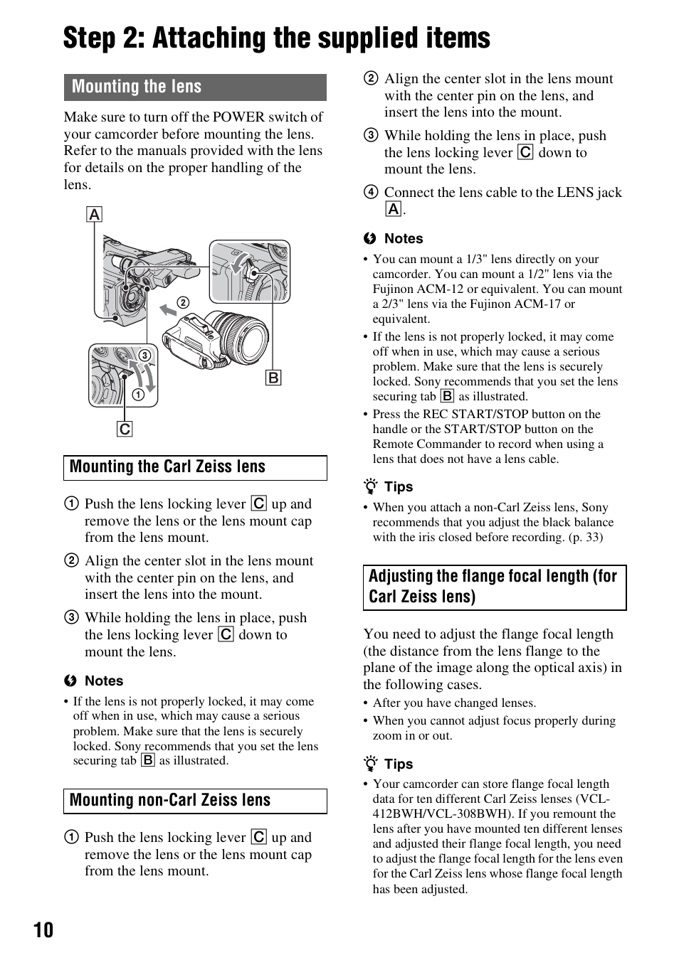 Step 2: attaching the supplied items, Wh) (1) (p. 10), Mounting the lens | Sony HVR-Z7E/Z7P User Manual | Page 10 / 146