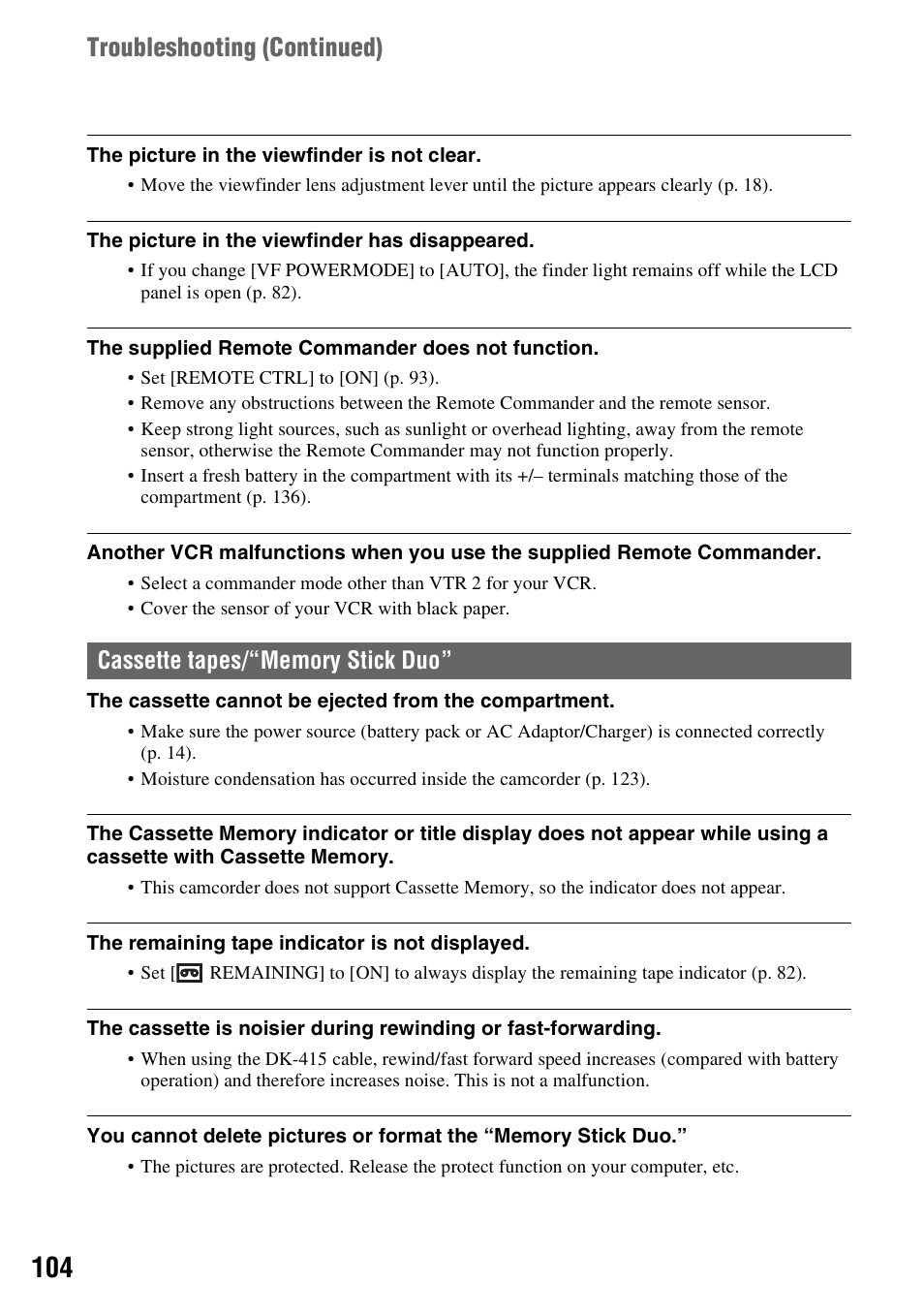 P. 104), P. 104, Troubleshooting (continued) | Sony HVR-Z7E/Z7P User Manual | Page 104 / 146