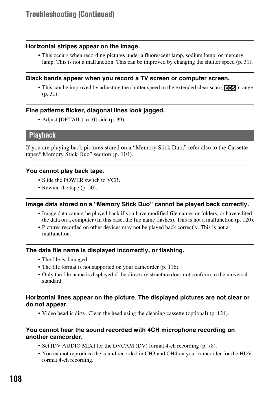 P. 108, Troubleshooting (continued), Playback | Sony HVR-Z7E/Z7P User Manual | Page 108 / 146