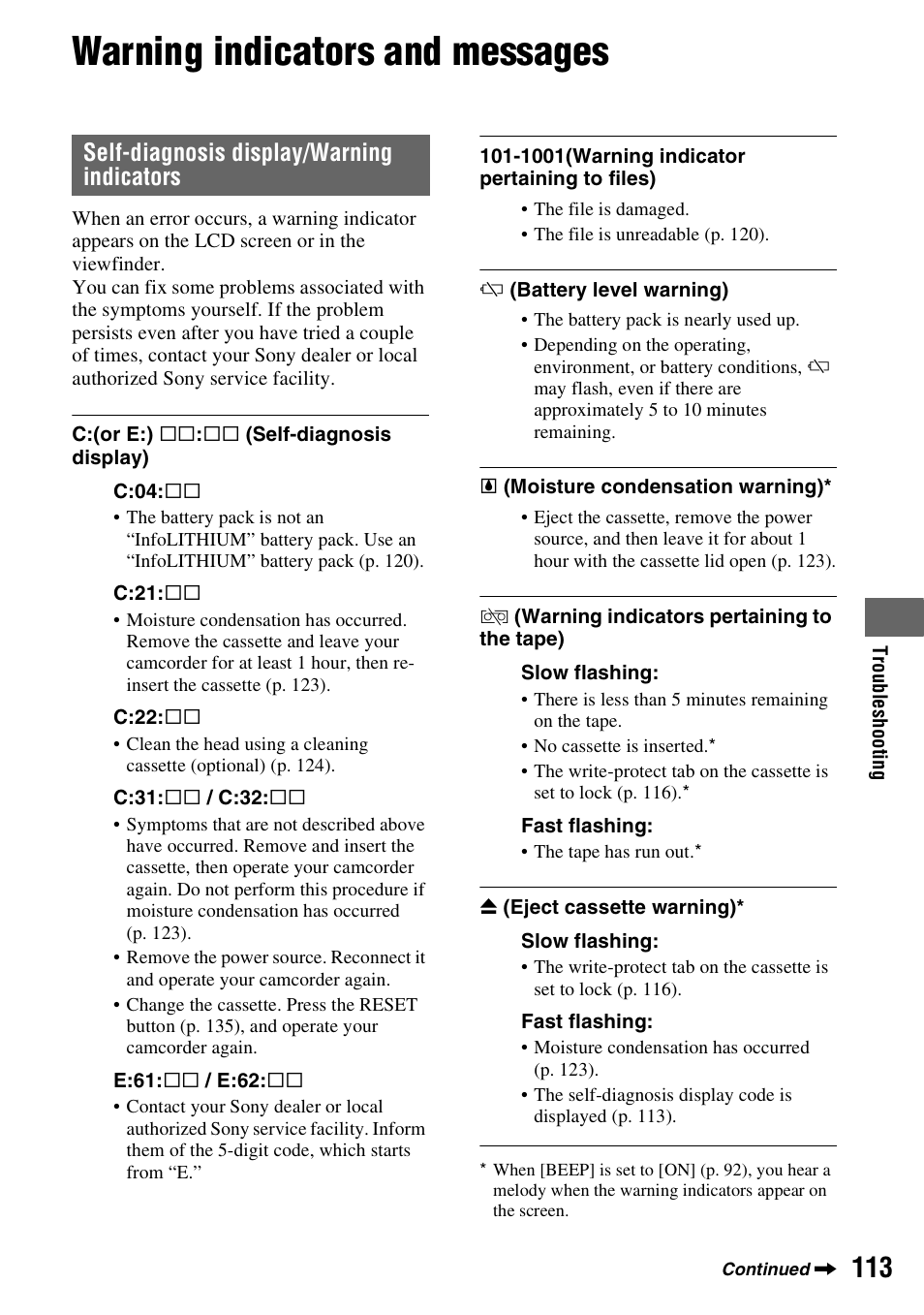 Warning indicators and messages, Self-diagnosis display/warning indicators | Sony HVR-Z7E/Z7P User Manual | Page 113 / 146