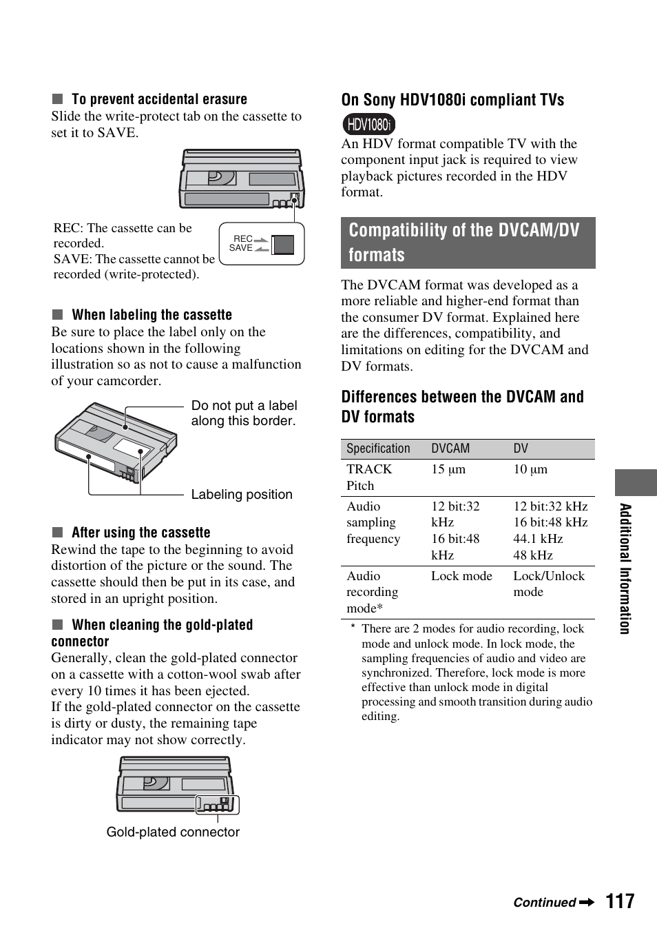 Compatibility of the dvcam/dv formats, Compatibility of the d | Sony HVR-Z7E/Z7P User Manual | Page 117 / 146