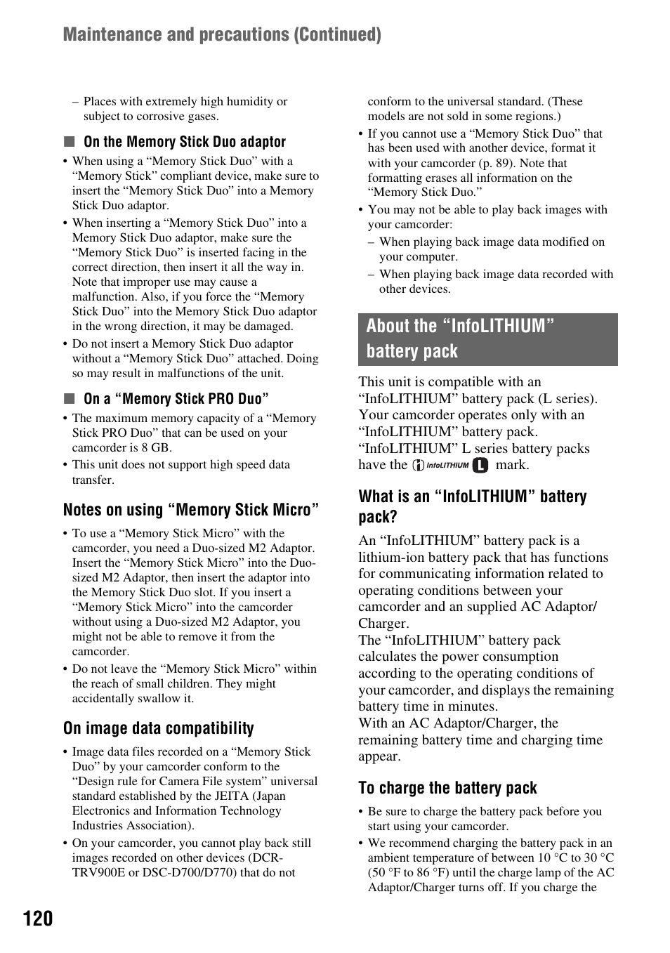 About the “infolithium” battery pack, On (p. 120), P. 120) | On image data compatibility, What is an “infolithium” battery pack | Sony HVR-Z7E/Z7P User Manual | Page 120 / 146