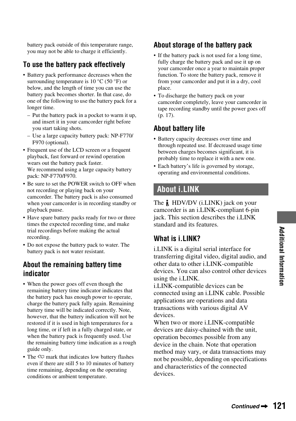 About i.link, About i, About the remaining battery time indicator | About storage of the battery pack, About battery life, What is i.link | Sony HVR-Z7E/Z7P User Manual | Page 121 / 146