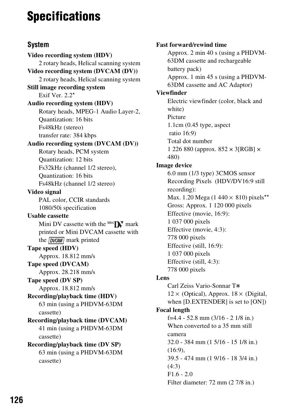 Specifications | Sony HVR-Z7E/Z7P User Manual | Page 126 / 146