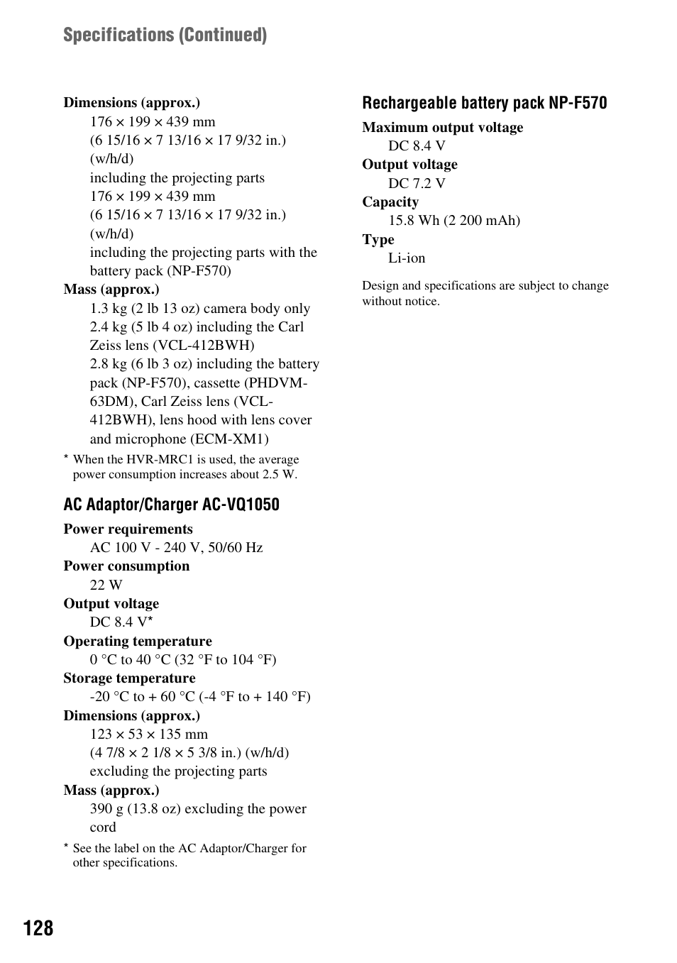 Specifications (continued) | Sony HVR-Z7E/Z7P User Manual | Page 128 / 146