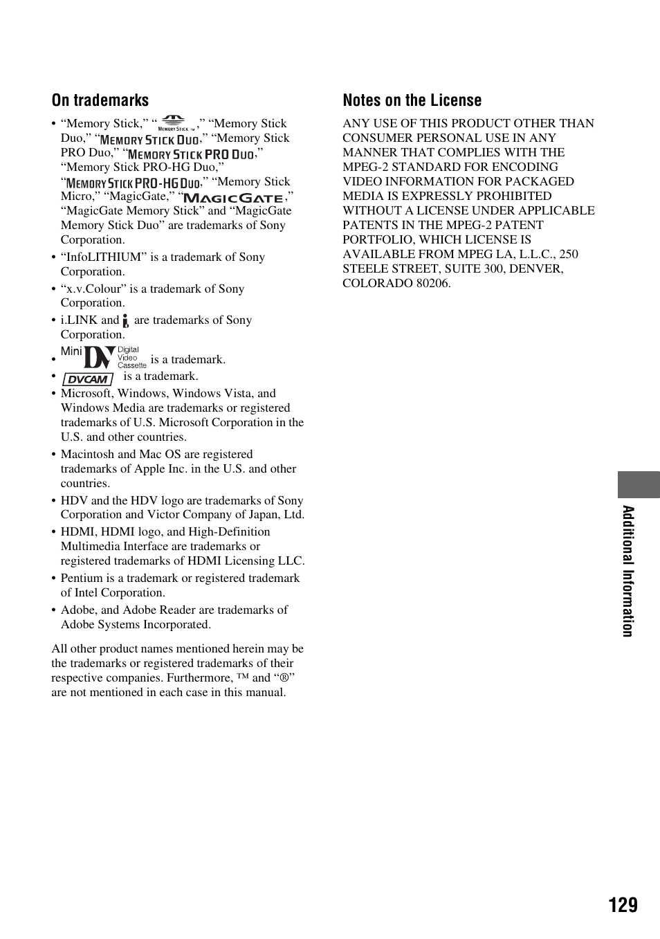 On trademarks | Sony HVR-Z7E/Z7P User Manual | Page 129 / 146