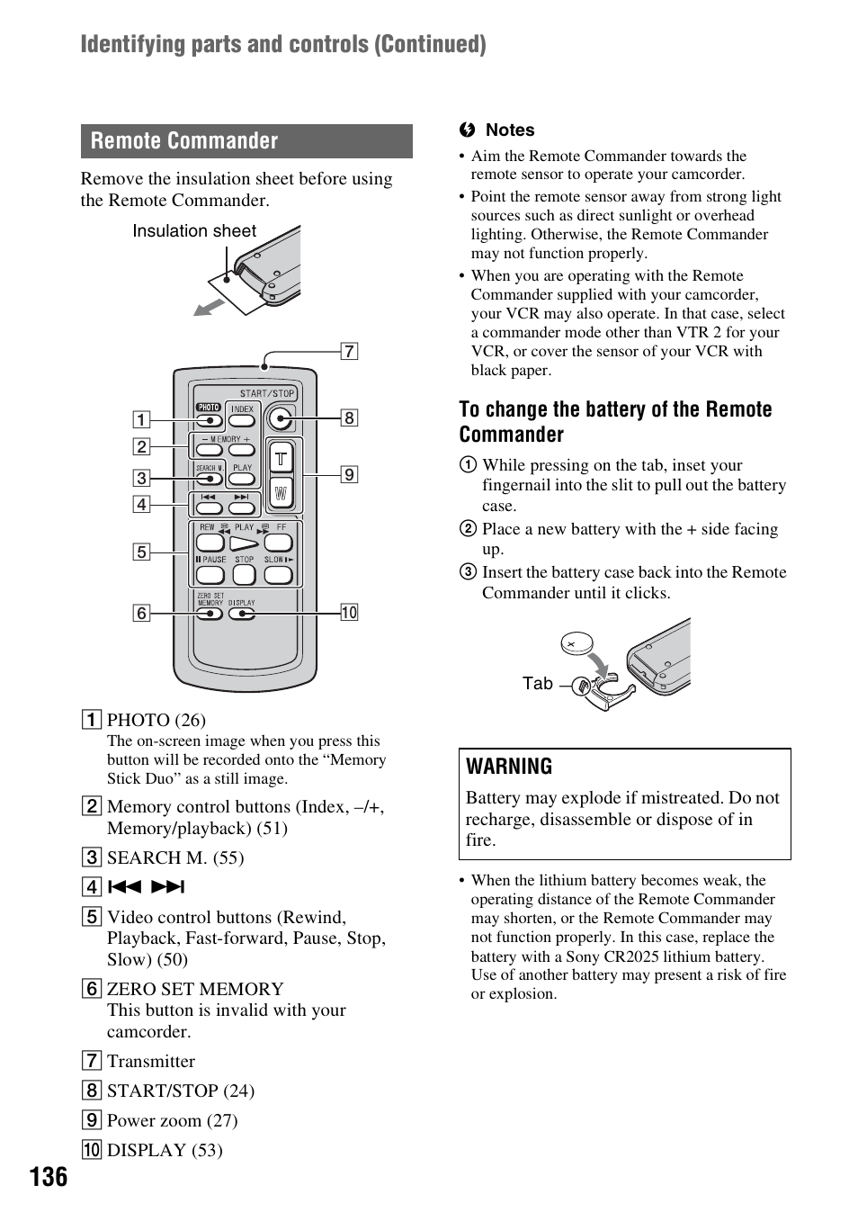 P. 136), Identifying parts and controls (continued), Remote commander | Warning | Sony HVR-Z7E/Z7P User Manual | Page 136 / 146