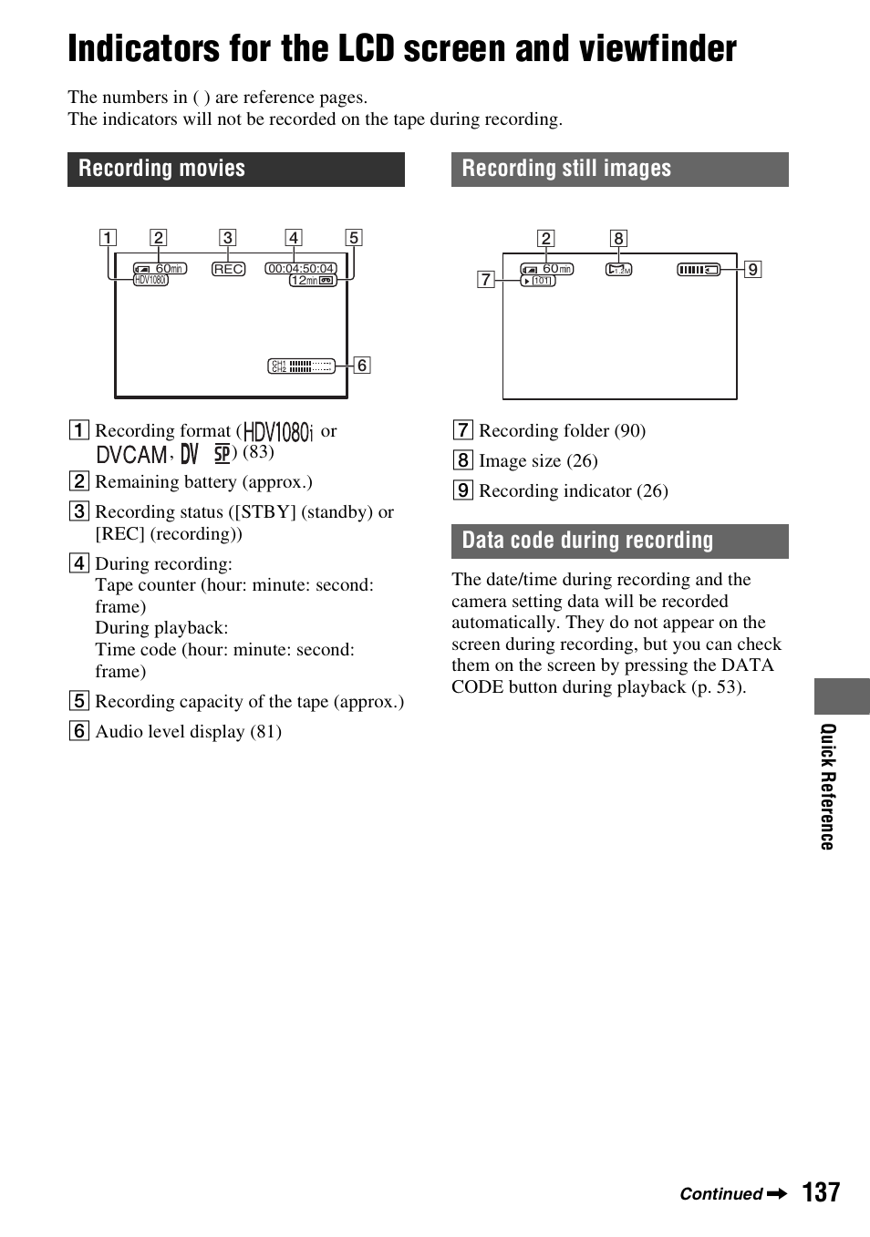 Indicators for the lcd screen and viewfinder, Recording movies, Recording still images data code during recording | Sony HVR-Z7E/Z7P User Manual | Page 137 / 146