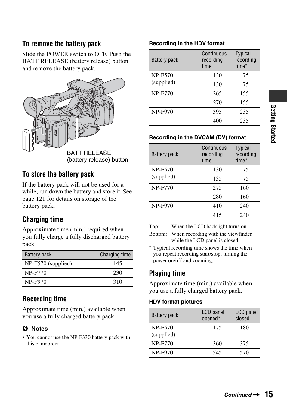 Charging time, Recording time, Playing time | Sony HVR-Z7E/Z7P User Manual | Page 15 / 146