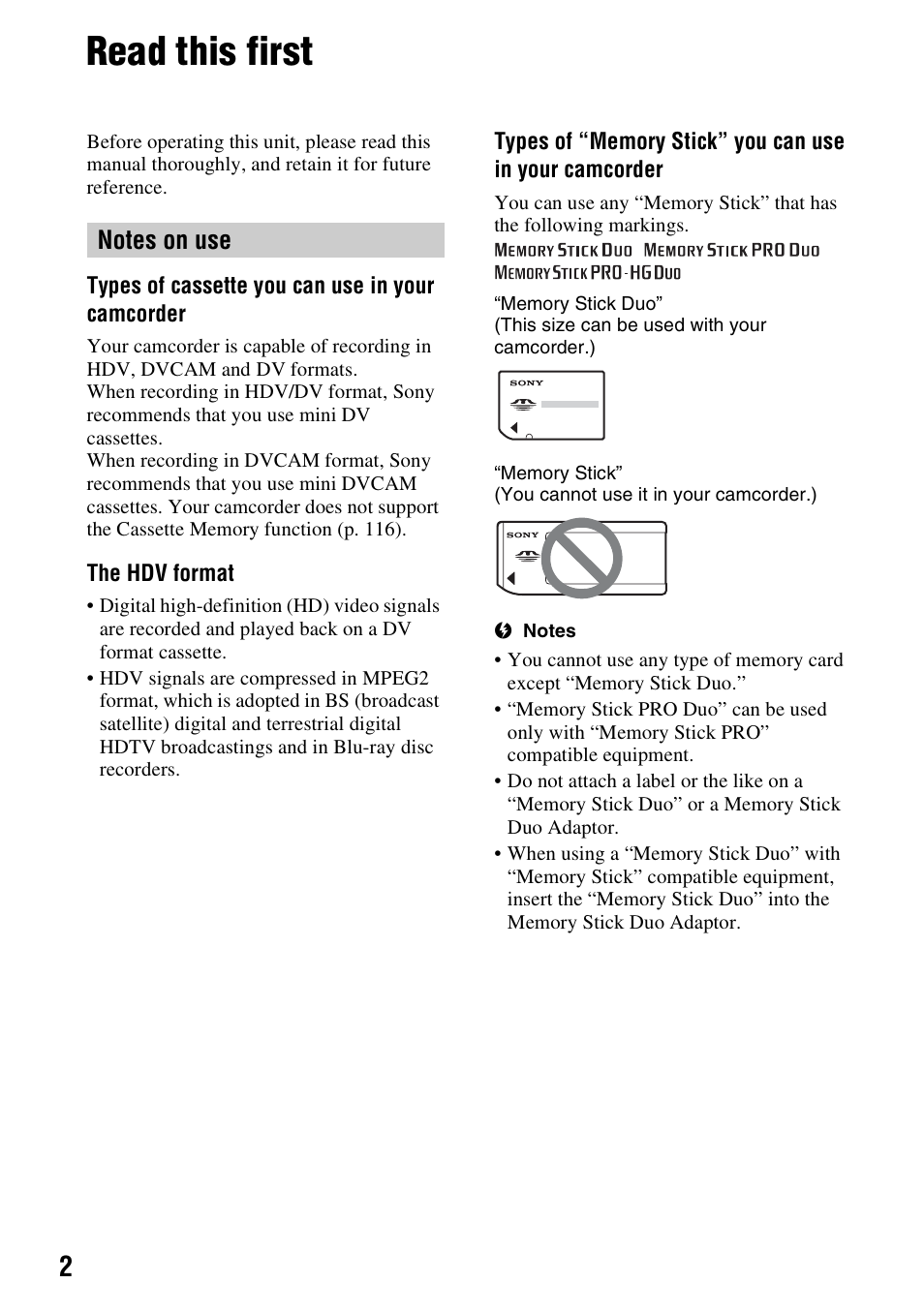 Read this first | Sony HVR-Z7E/Z7P User Manual | Page 2 / 146