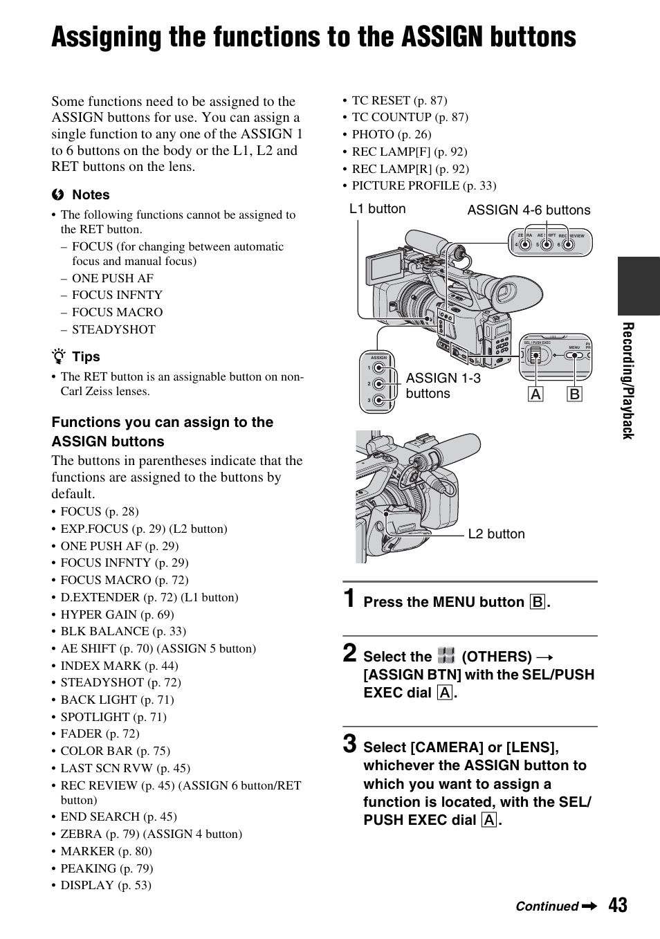 Assigning the functions to the assign buttons, Assigning the functions to the assign, Ons (p. 43) | P. 43, P. 43) | Sony HVR-Z7E/Z7P User Manual | Page 43 / 146