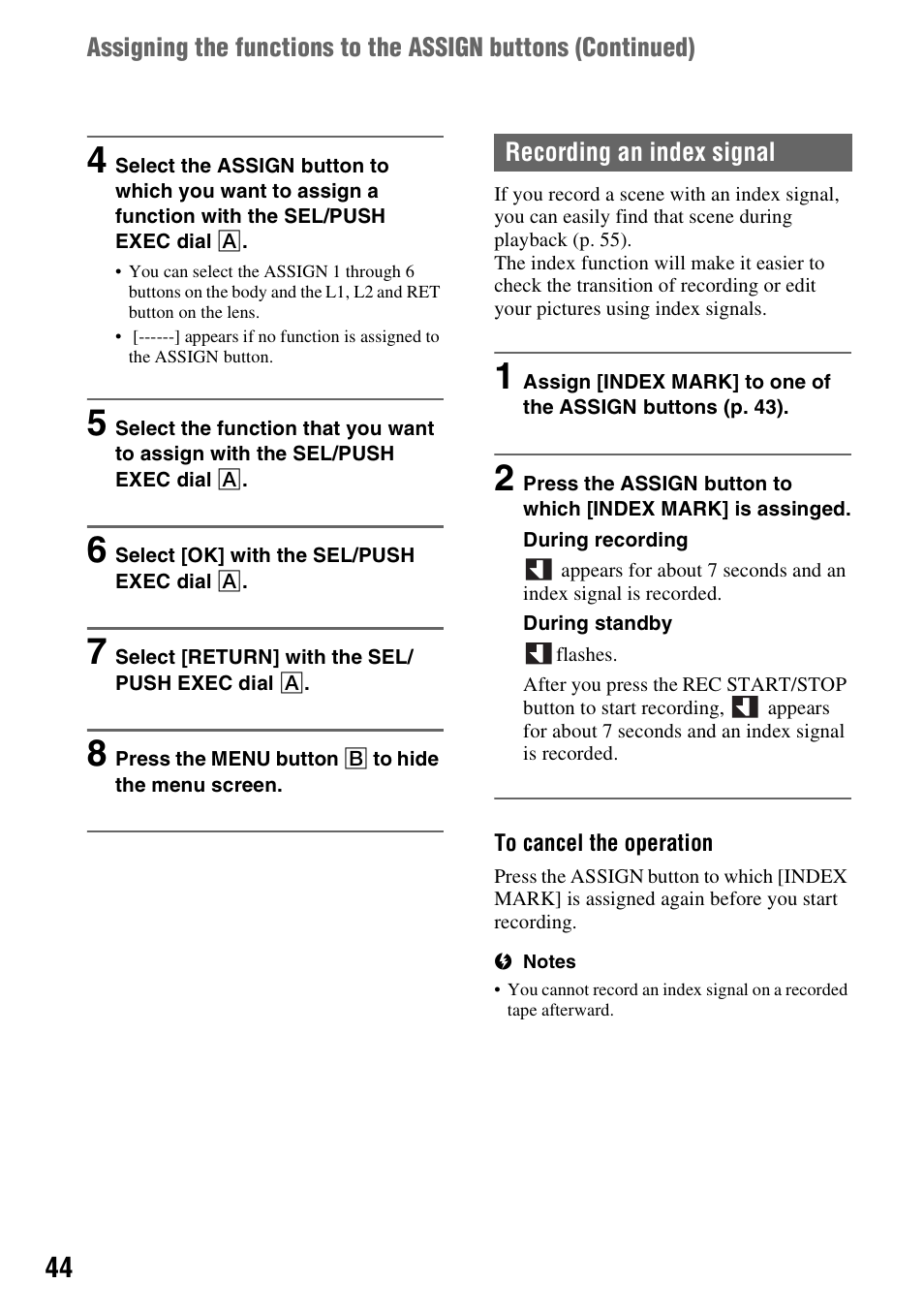 Recording an index signal | Sony HVR-Z7E/Z7P User Manual | Page 44 / 146