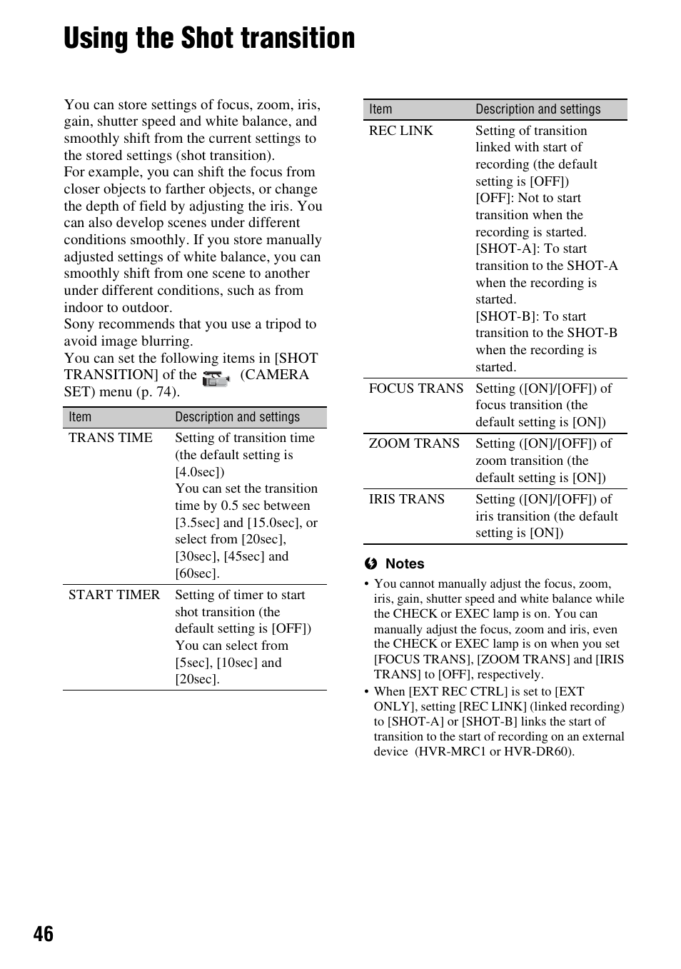 Using the shot transition | Sony HVR-Z7E/Z7P User Manual | Page 46 / 146