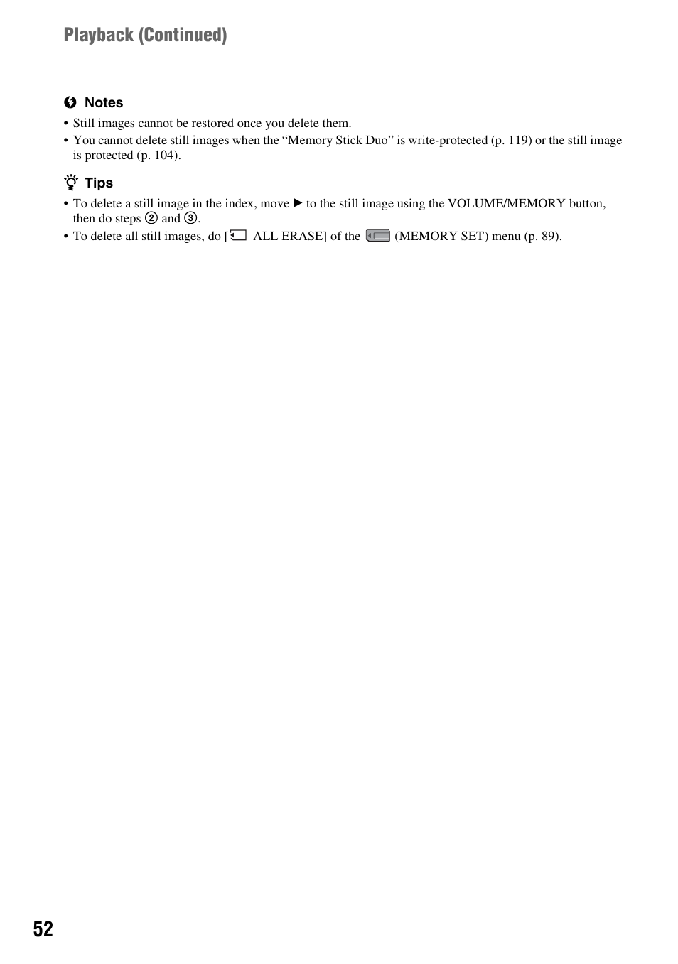 Playback ( continued) | Sony HVR-Z7E/Z7P User Manual | Page 52 / 146