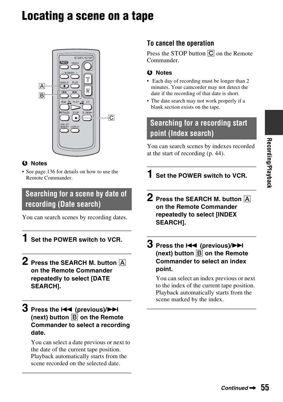 Locating a scene on a tape | Sony HVR-Z7E/Z7P User Manual | Page 55 / 146