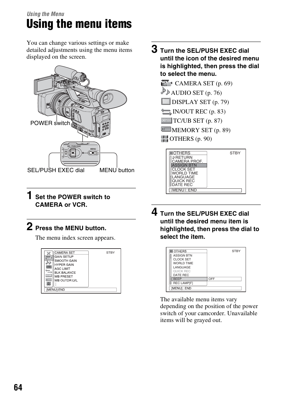 Using the menu, Using the menu items | Sony HVR-Z7E/Z7P User Manual | Page 64 / 146