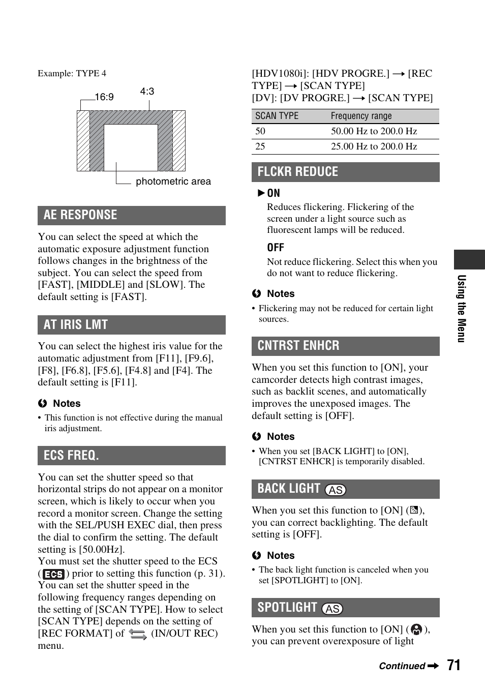 Ae response, At iris lmt, Ecs freq | Cntrst enhcr, Ae response at iris lmt ecs freq, Flckr reduce cntrst enhcr back light spotlight | Sony HVR-Z7E/Z7P User Manual | Page 71 / 146