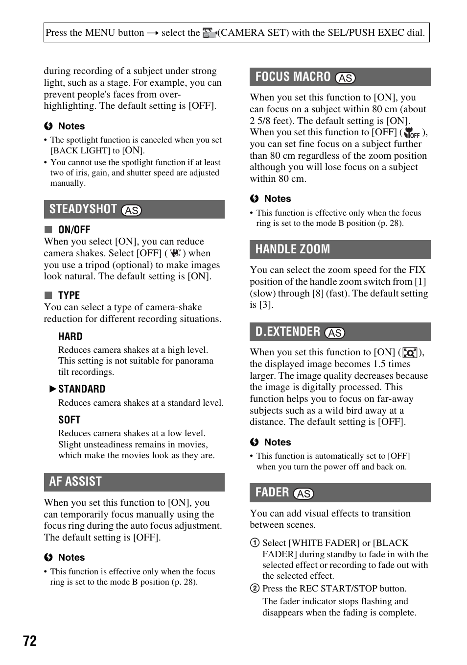 Af assist | Sony HVR-Z7E/Z7P User Manual | Page 72 / 146